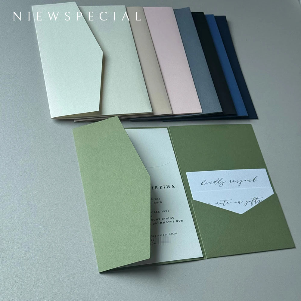 Convites Pocketfold DIY Verde Sálvia – 20 ou 25 Unidades | Personalize o Convite Perfeito