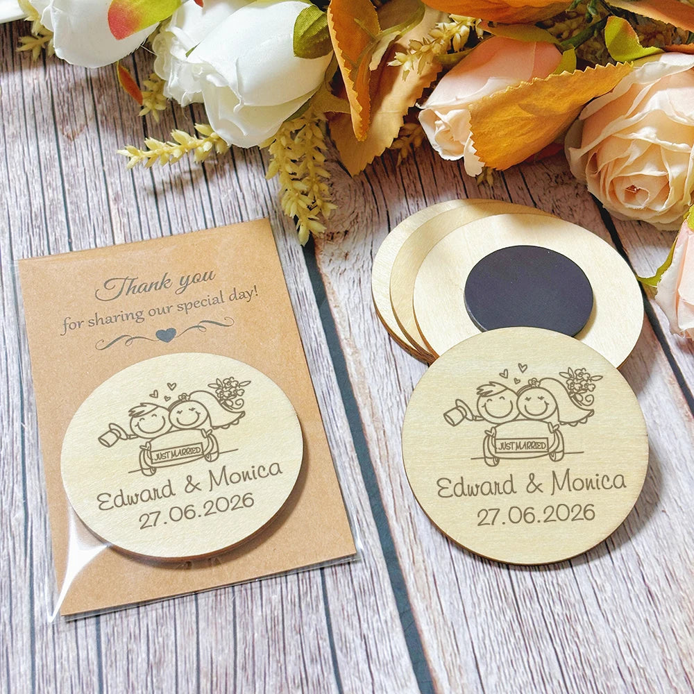 Íman de Madeira Personalizado com Cartão “Thank You” – Lembrança de Casamento Elegante