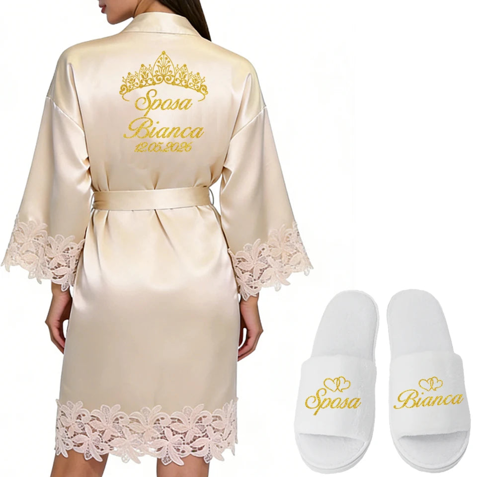 Robe Personalizado para Noiva – Com Nome e Data Bordados | Roupão de Cetim com Renda para Casamento