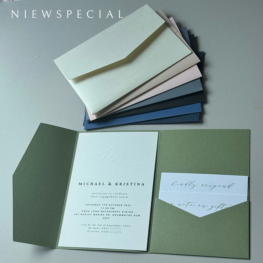 Convites Pocketfold DIY Verde Sálvia – 20 ou 25 Unidades | Personalize o Convite Perfeito