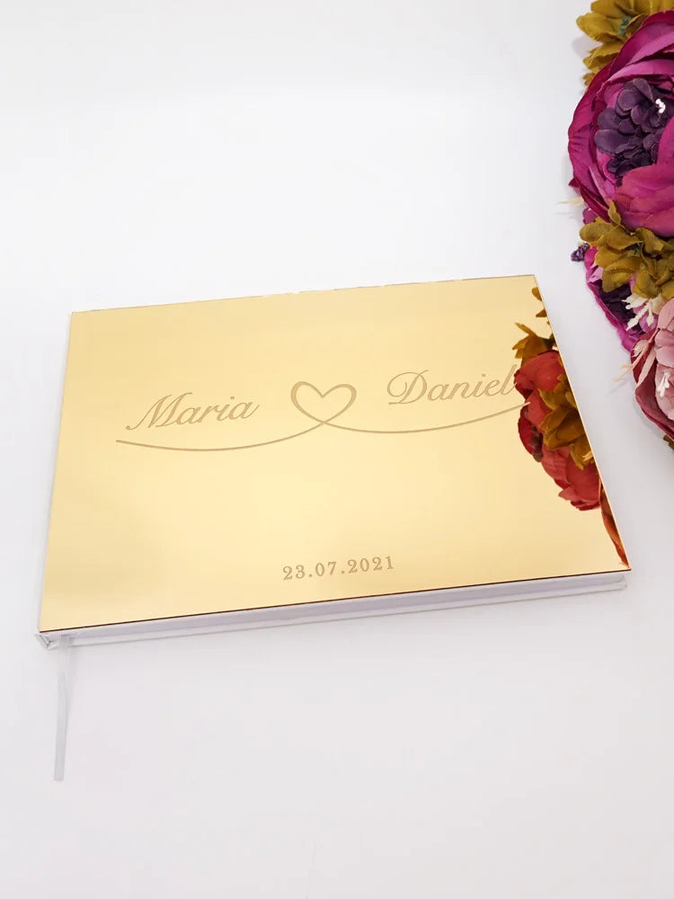 Livro de Honra Personalizado com Capa Espelhada em Acrílico | Álbum Horizontal para Casamento