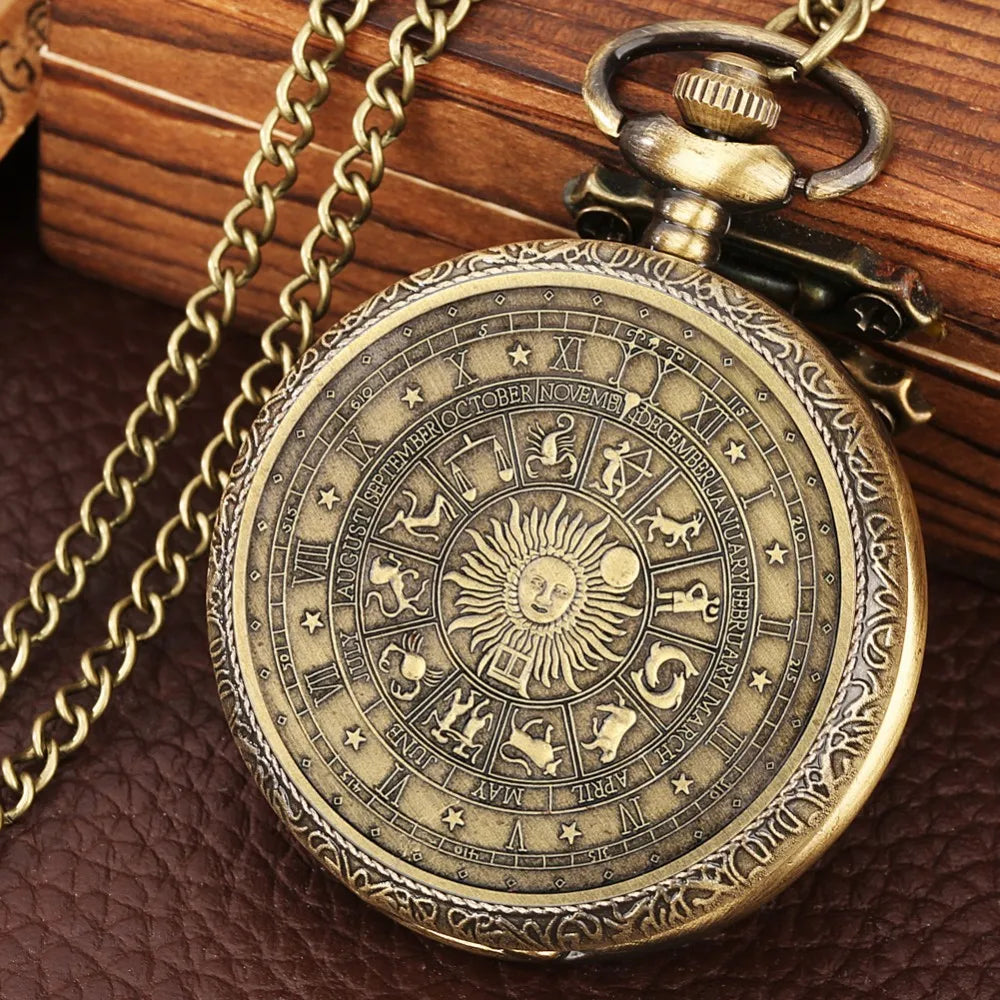 Relógio de Bolso Vintage Tarot Sol & Lua – Colar com Corrente em Bronze