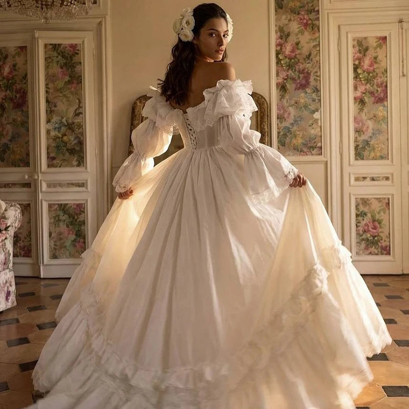 Vestido de Noiva Princesa A-Line Vintage com Mangas Bufantes em Cetim e Cauda Suave – Personalizado