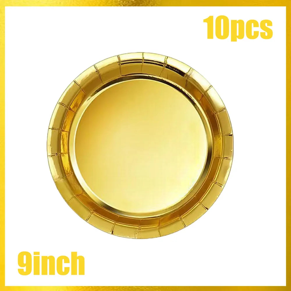 Conjunto de Louça Descartável Dourada – Copos, Pratos e Guardanapos para Festas