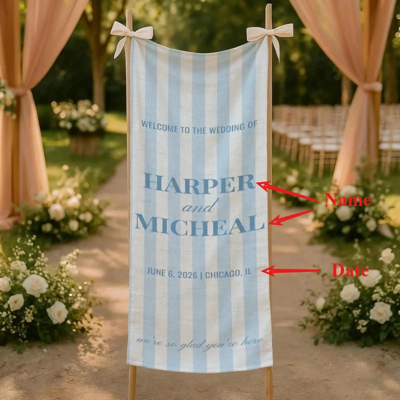 Banner de Linho Personalizado para Casamento – Placa de Boas-Vindas em Tecido