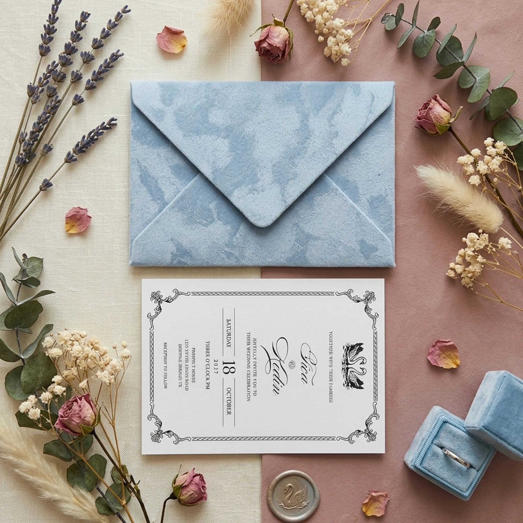 Convite de Casamento em Veludo Azul Poeira – Personalizado | Elegância Intemporal