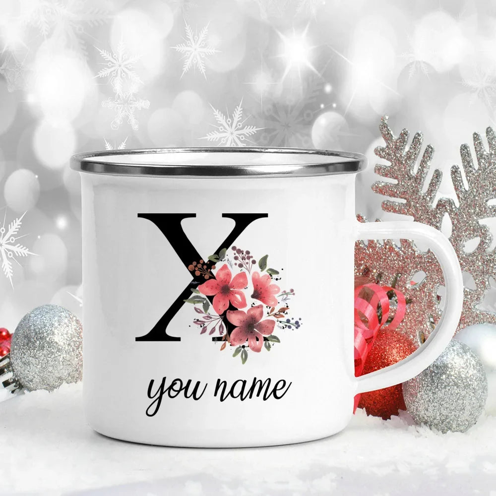 Caneca Esmaltada Personalizada com Nome e Flor