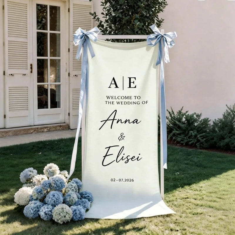 Banner de Linho Personalizado para Casamento – Placa de Boas-Vindas em Tecido