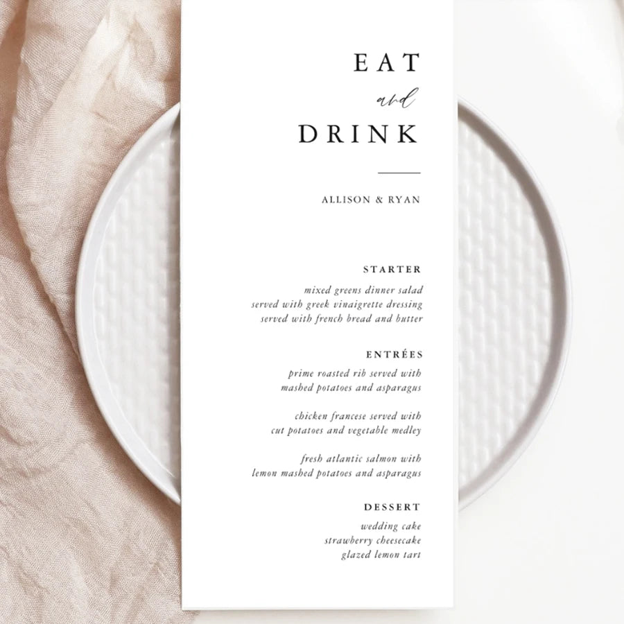 Menus de Casamento Personalizados com Caligrafia Elegante