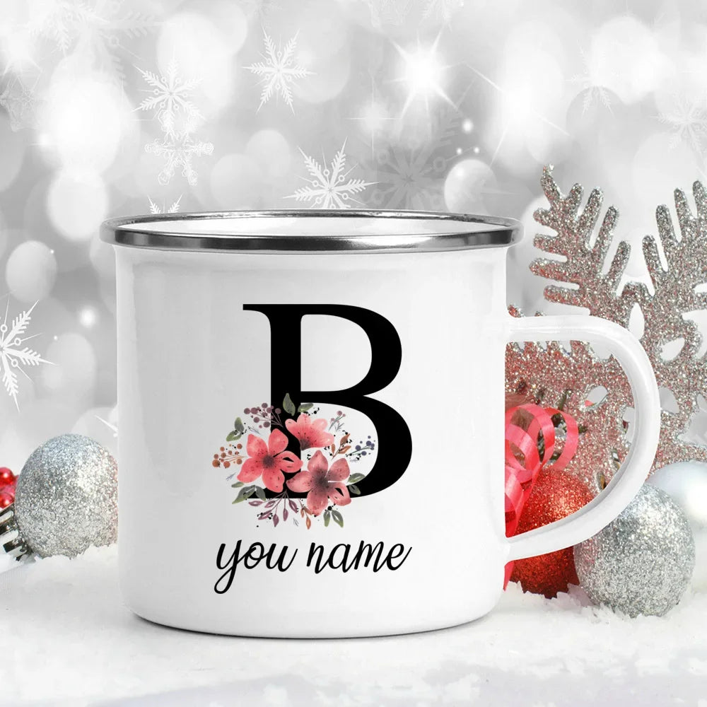 Caneca Esmaltada Personalizada com Nome e Flor