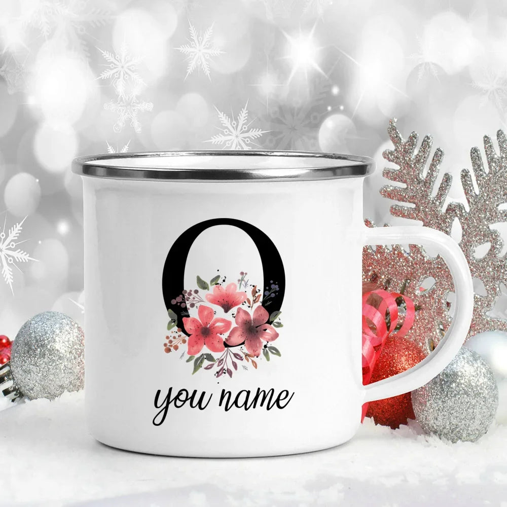 Caneca Esmaltada Personalizada com Nome e Flor