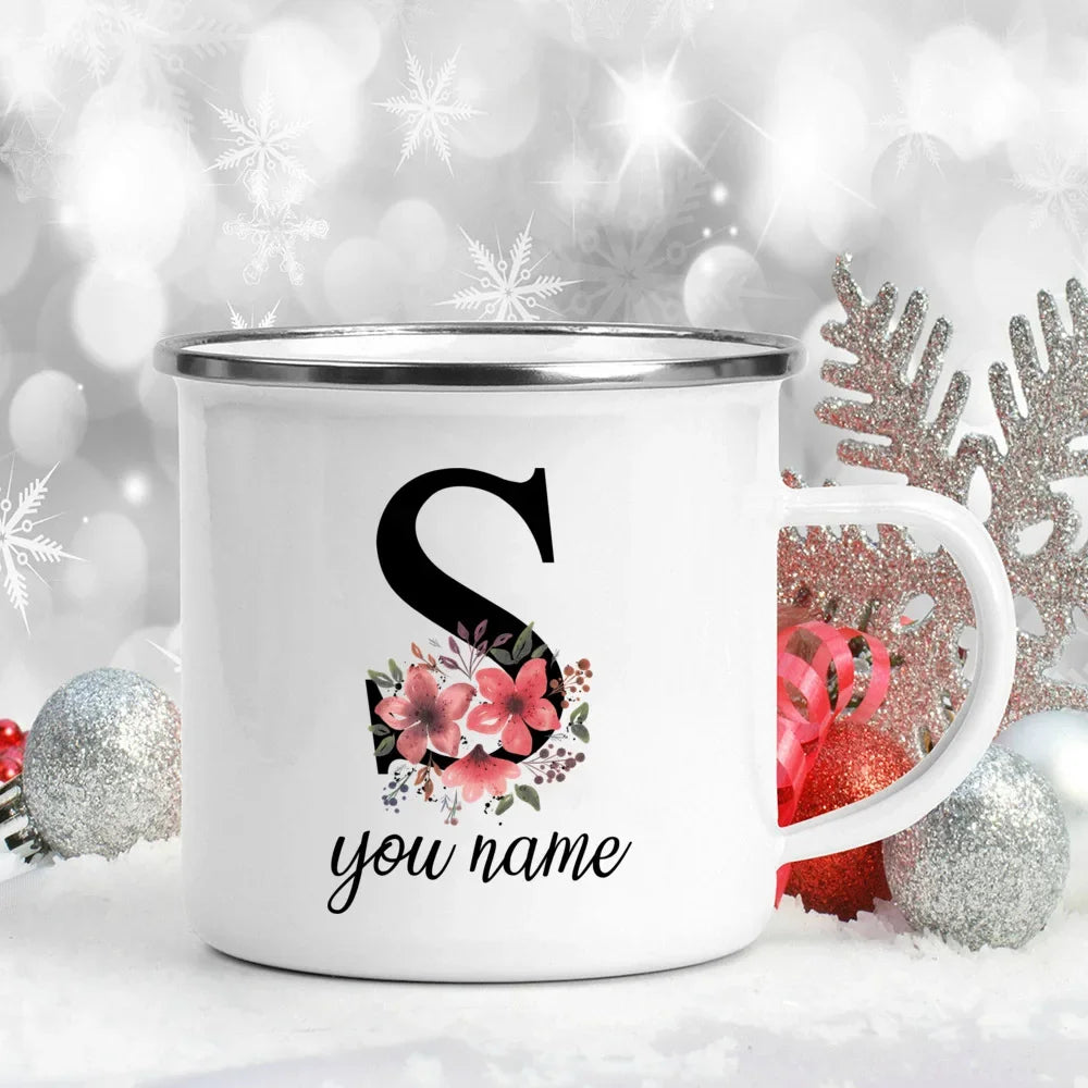 Caneca Esmaltada Personalizada com Nome e Flor