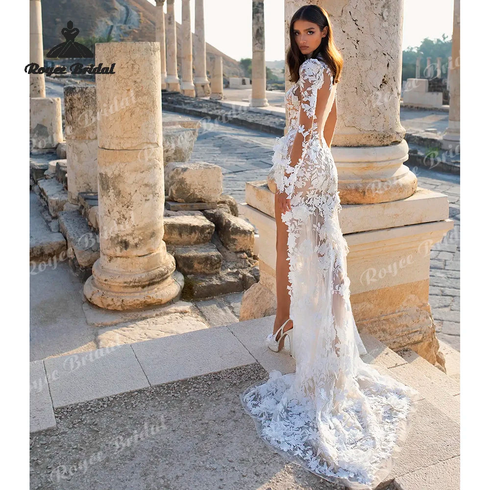 Vestido de Noiva Sereia Boho com Flores 3D, Costas Abertas e Fenda