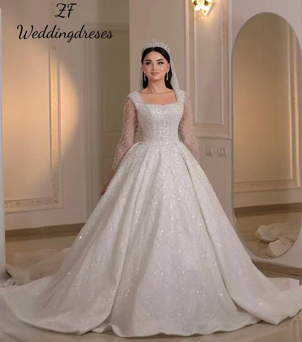 Vestido de Noiva Princesa Luxuoso com Decote Quadrado e Brilho