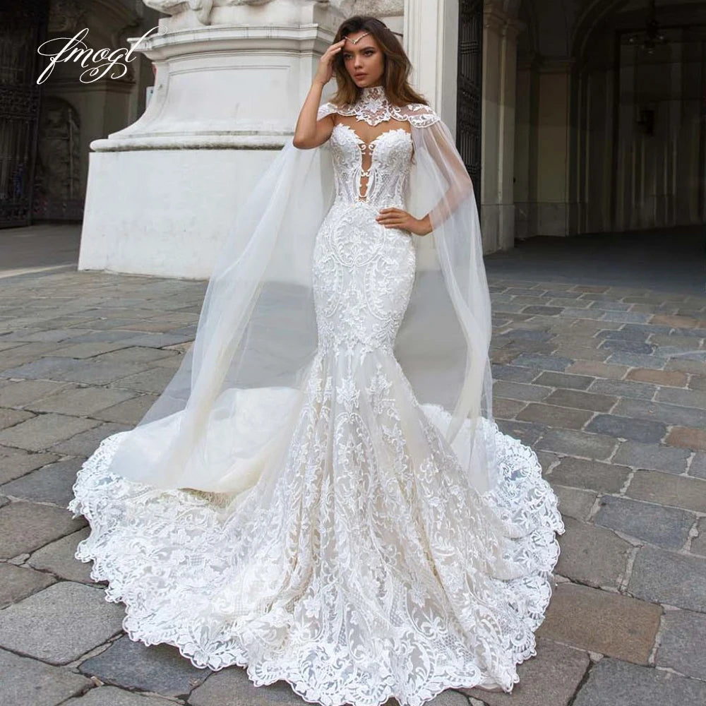 Vestido de Noiva Sereia em Renda com Decote Coração e Cauda Real