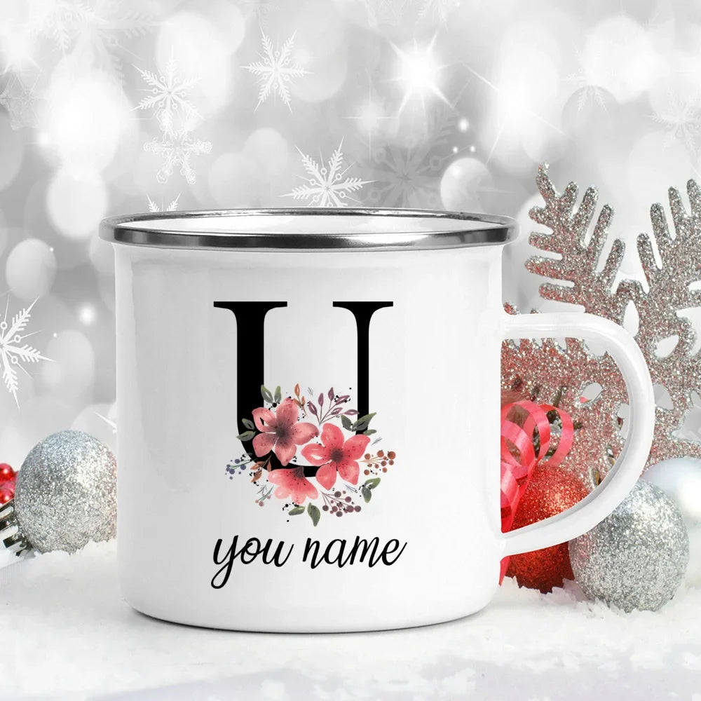 Caneca Esmaltada Personalizada com Nome e Flor