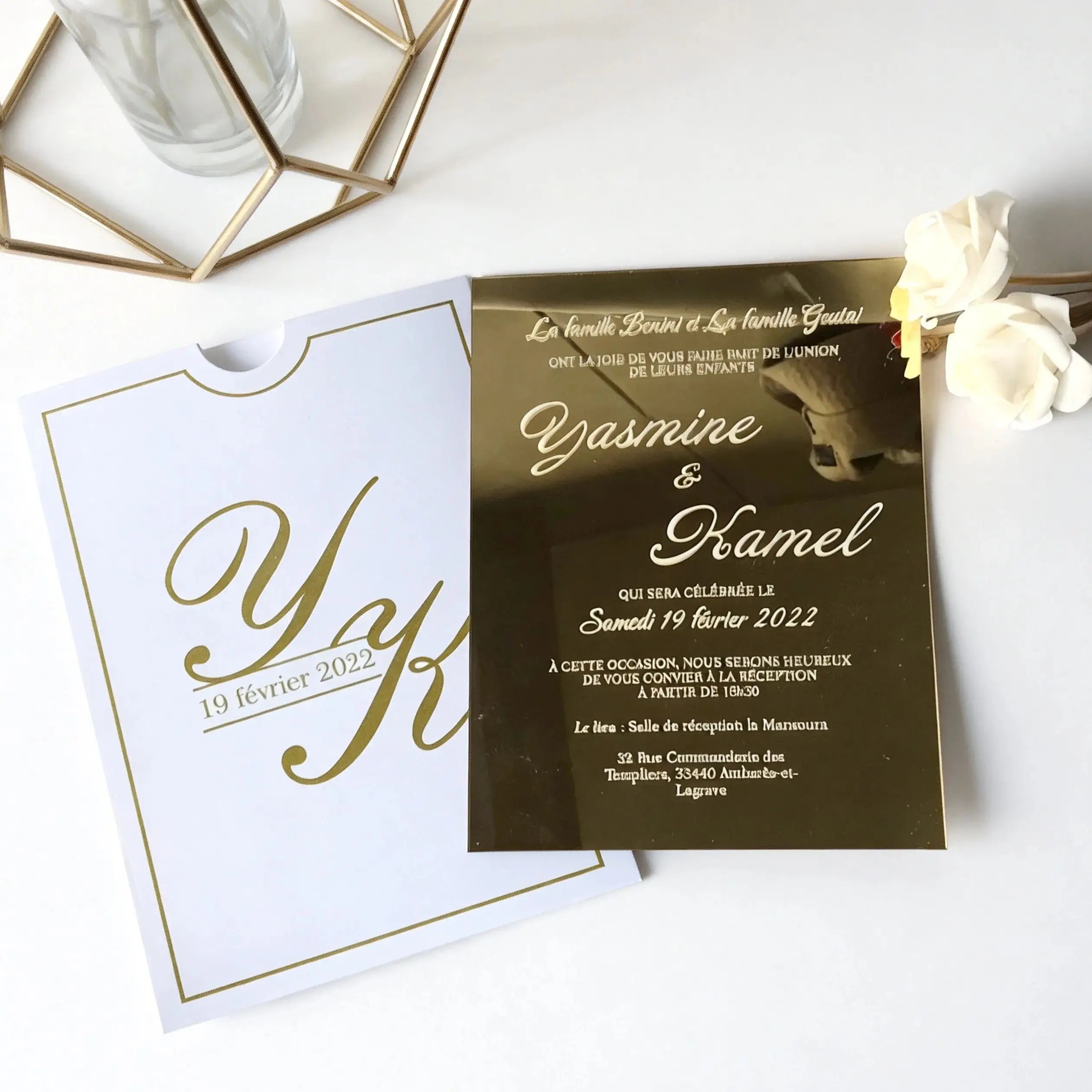 Convites de Casamento em Acrílico Espelhado Dourado – Pack de 10 | Luxo Personalizado