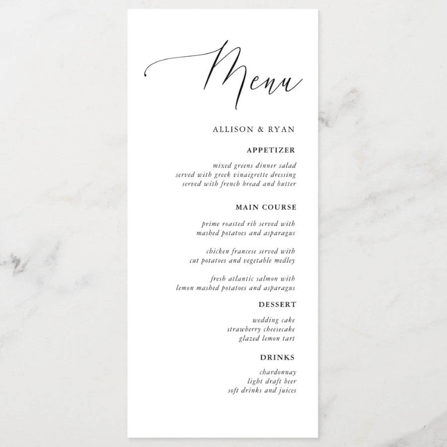 Menus de Casamento Personalizados com Caligrafia Elegante
