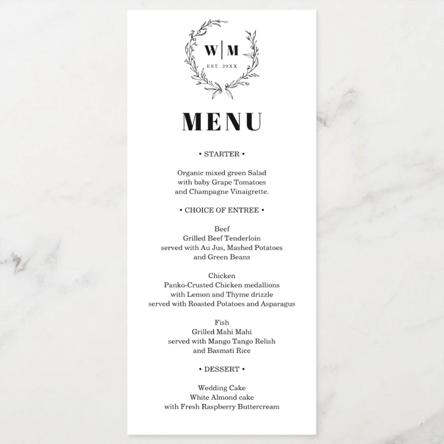 Menus de Casamento Personalizados com Caligrafia Elegante