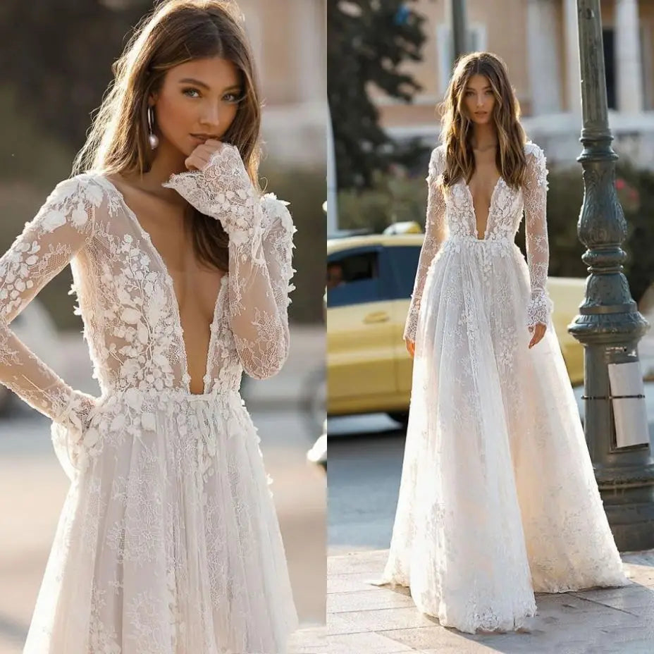 Vestido de Noiva Isadora — Boho com Decote V Profundo e Renda Floral 3D