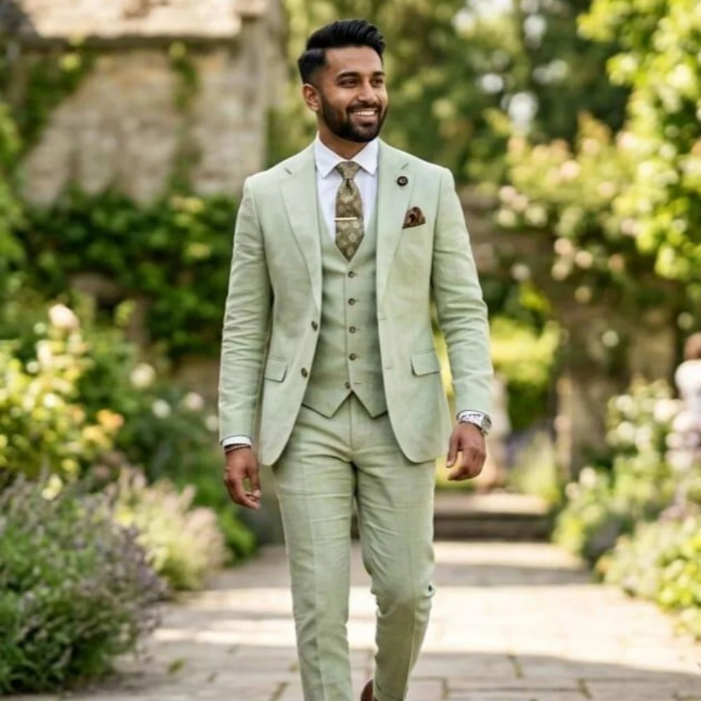 Fato Masculino Verde Sálvia em Linho