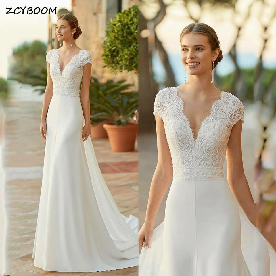 Vestido de Noiva A-Line Elegante com Decote em V, Renda Aplicada e Manga Curta – Cauda Suave 2026 Personalizado