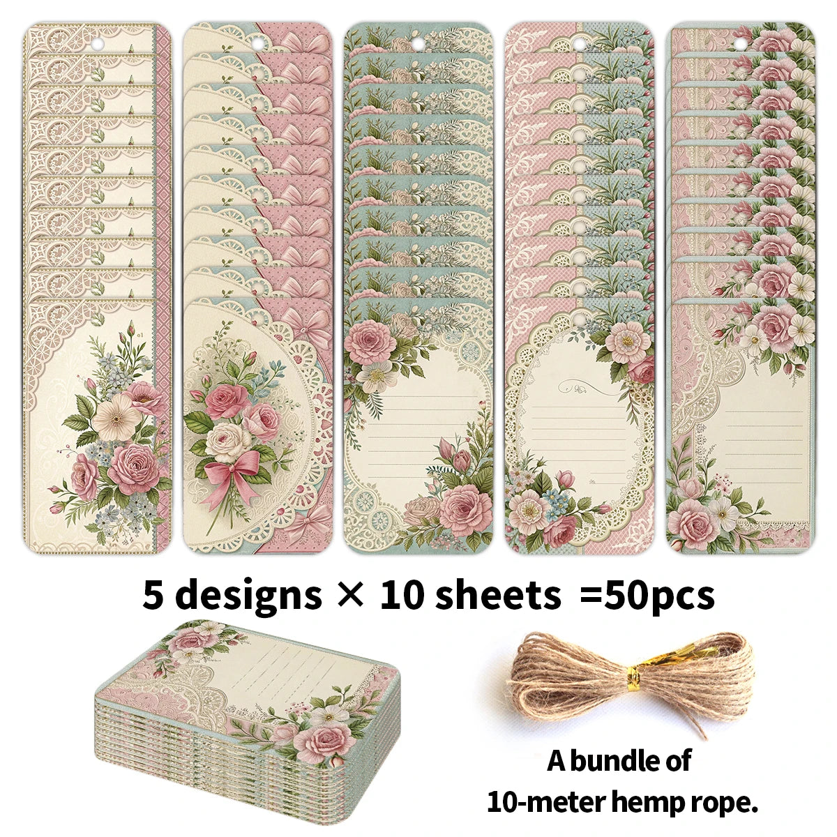 Conjunto de 50 Etiquetas Florais com Renda e Cordão – Para Lembranças de Casamento