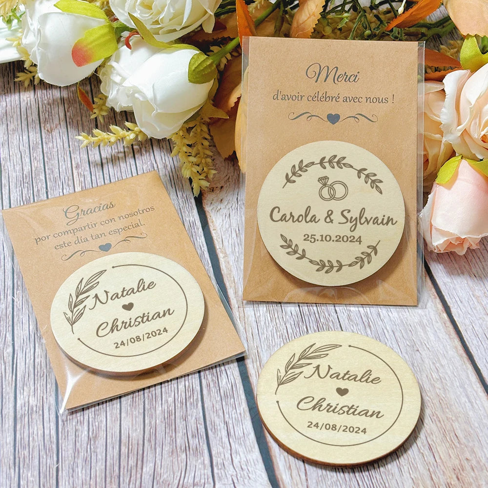 Íman de Madeira Personalizado com Cartão “Thank You” – Lembrança de Casamento Elegante