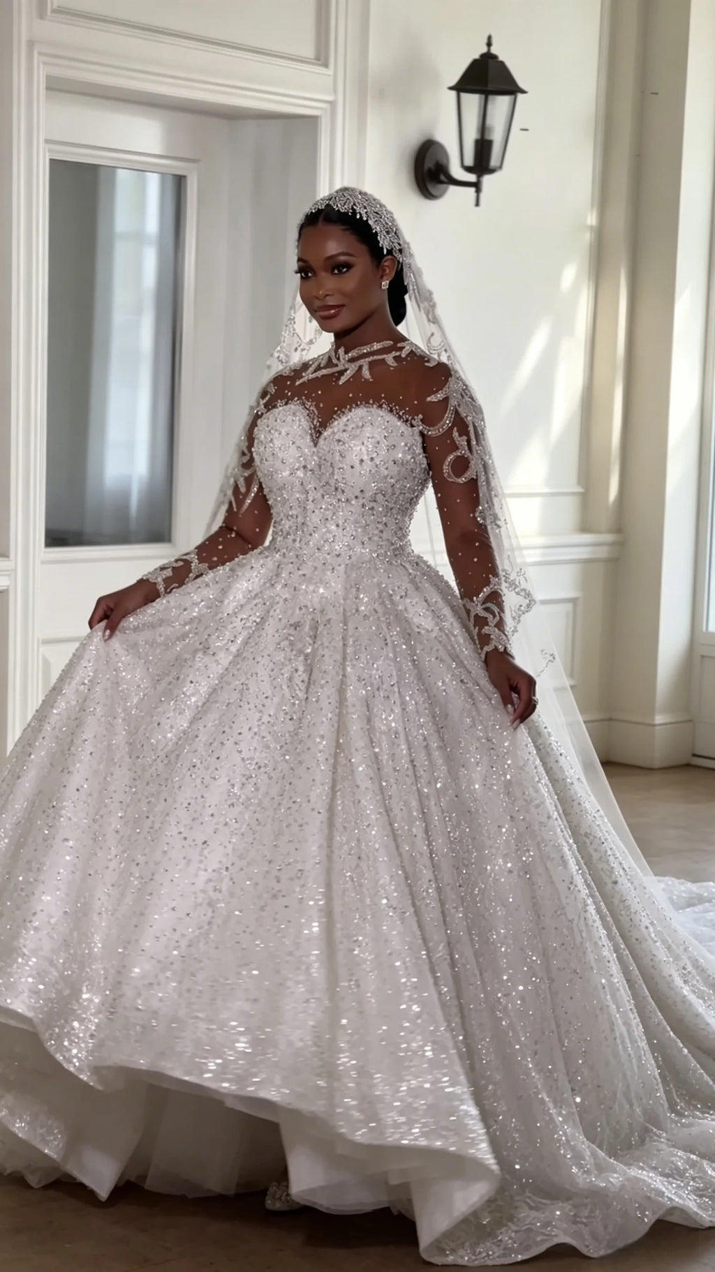 Vestido de Noiva Princesa Luxuoso com Mangas Compridas