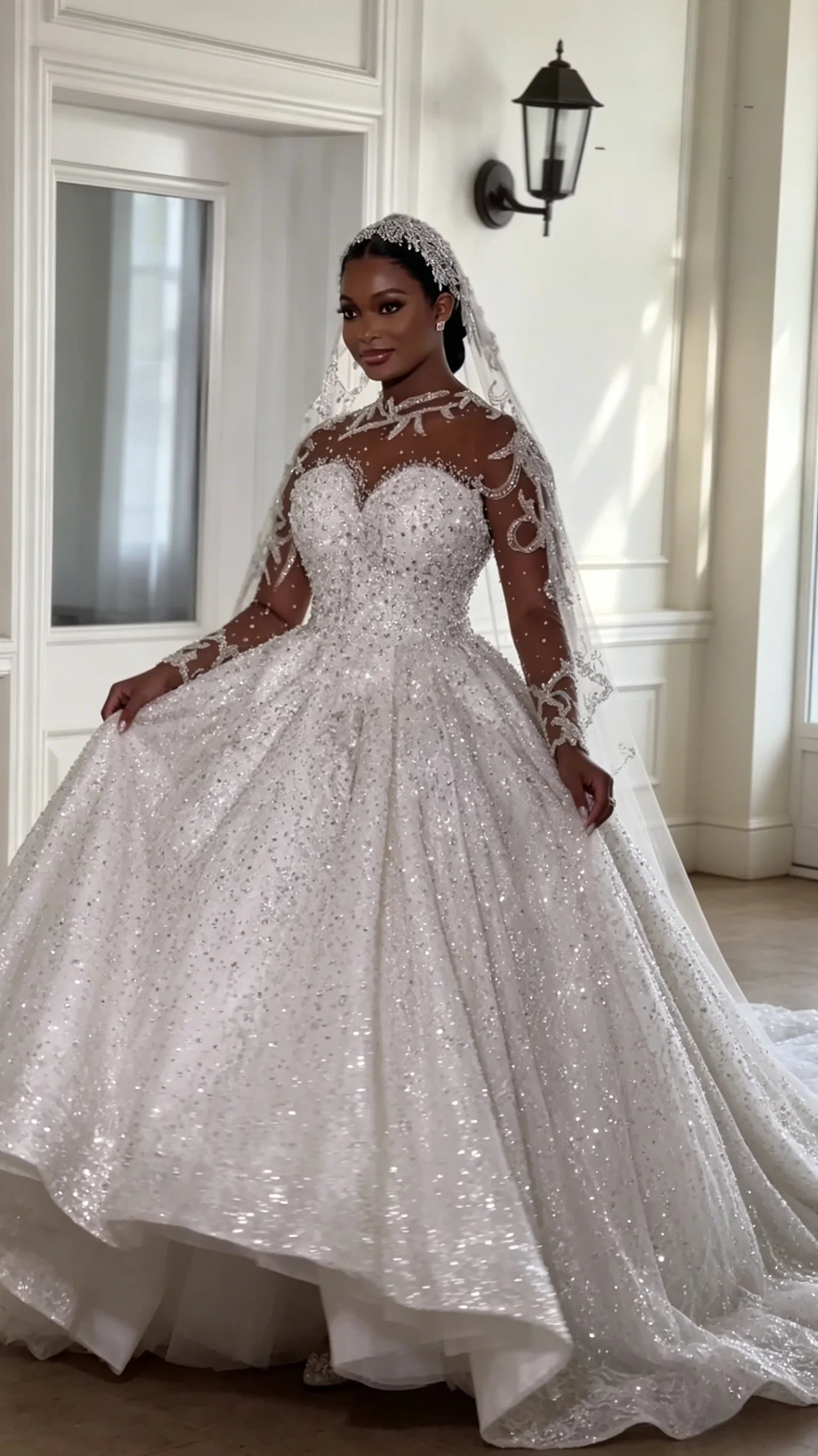 Vestido de Noiva Princesa Luxuoso com Mangas Compridas