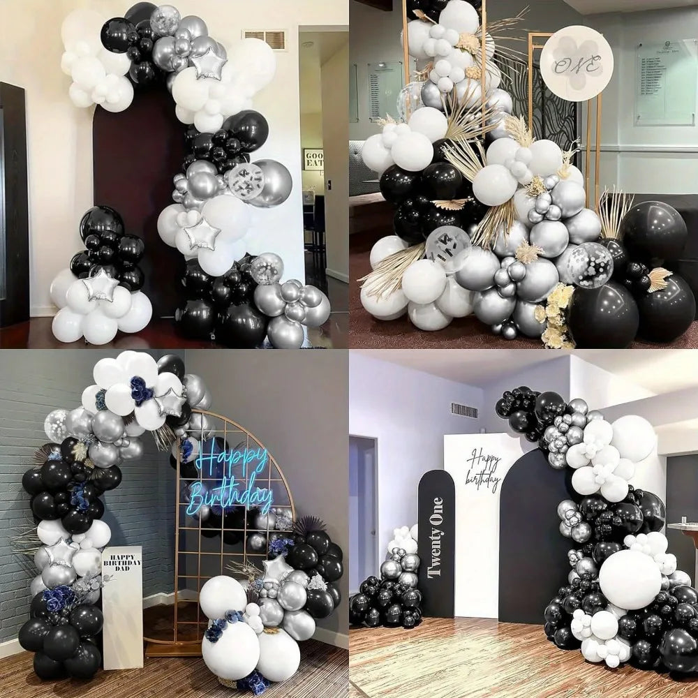 Kit de 131 Balões Preto, Branco e Prateado – Decoração Elegante para Festas e Eventos