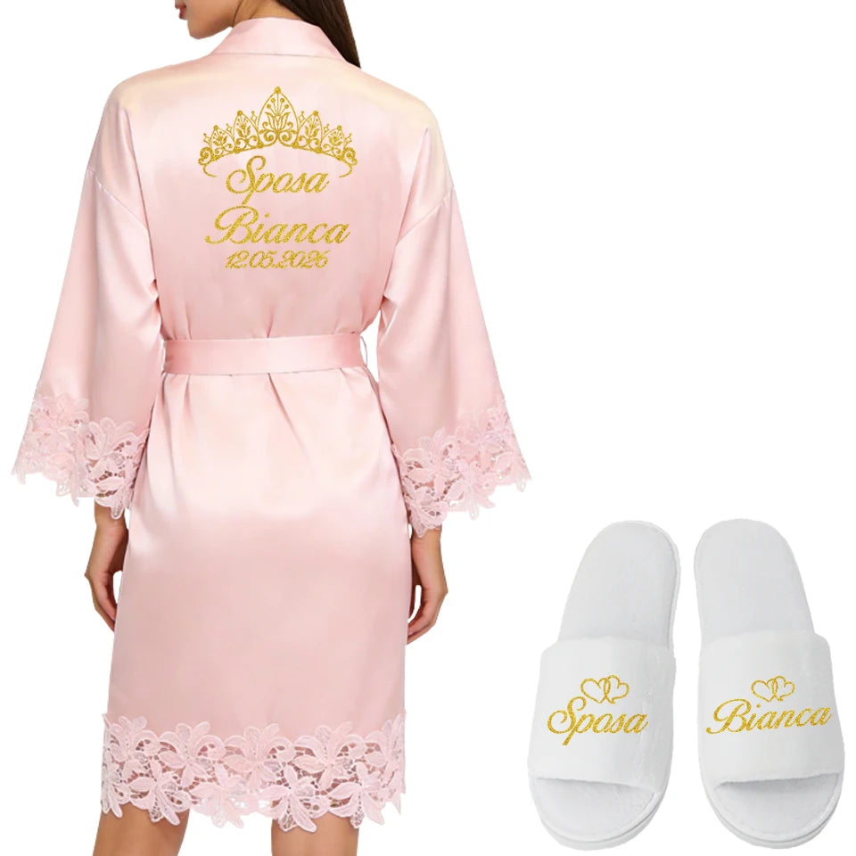 Robe Personalizado para Noiva – Com Nome e Data Bordados | Roupão de Cetim com Renda para Casamento