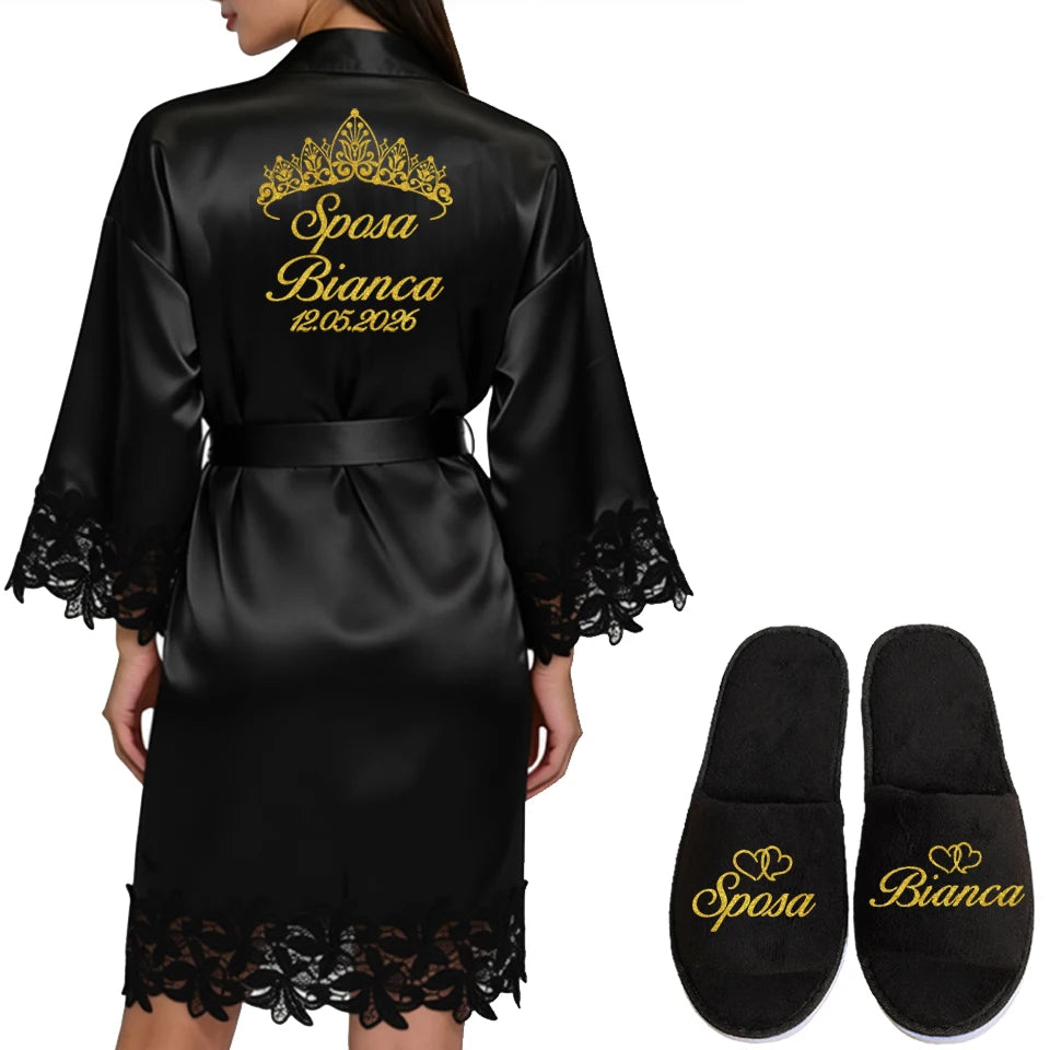 Robe Personalizado para Noiva – Com Nome e Data Bordados | Roupão de Cetim com Renda para Casamento