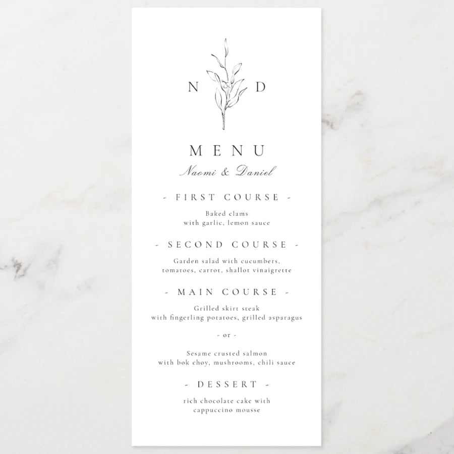 Menus de Casamento Personalizados com Caligrafia Elegante