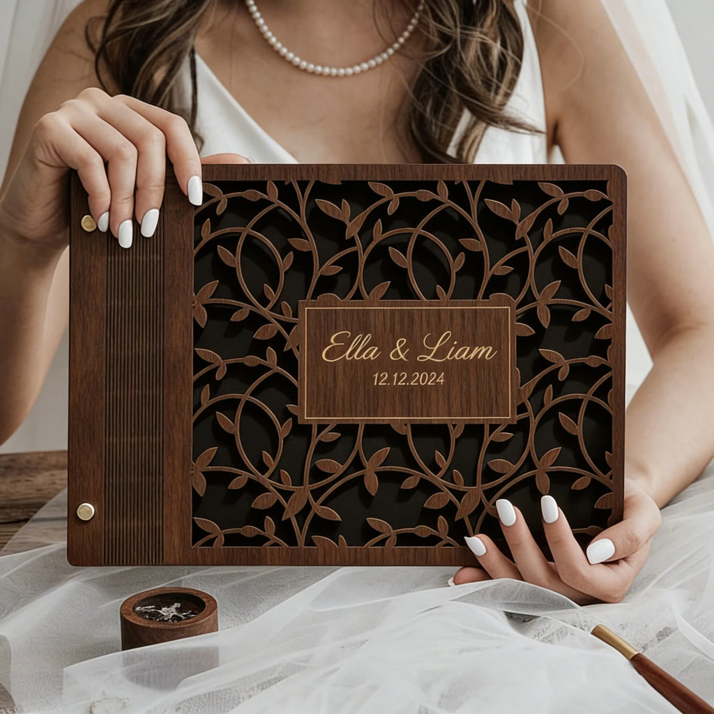 Livro de Honra em Madeira Personalizado com Páginas Pretas | Álbum Premium para Fotografias e Assinaturas