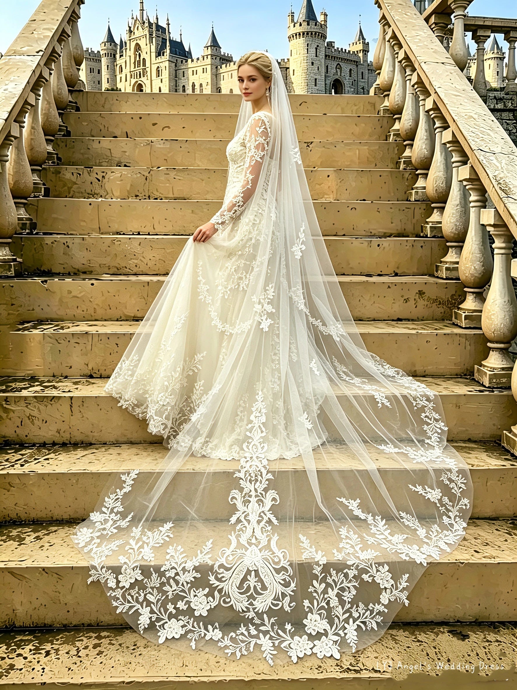 Véu Catedral de Noiva com Renda Bordada – Elegância Majestosa para um Casamento de Sonho