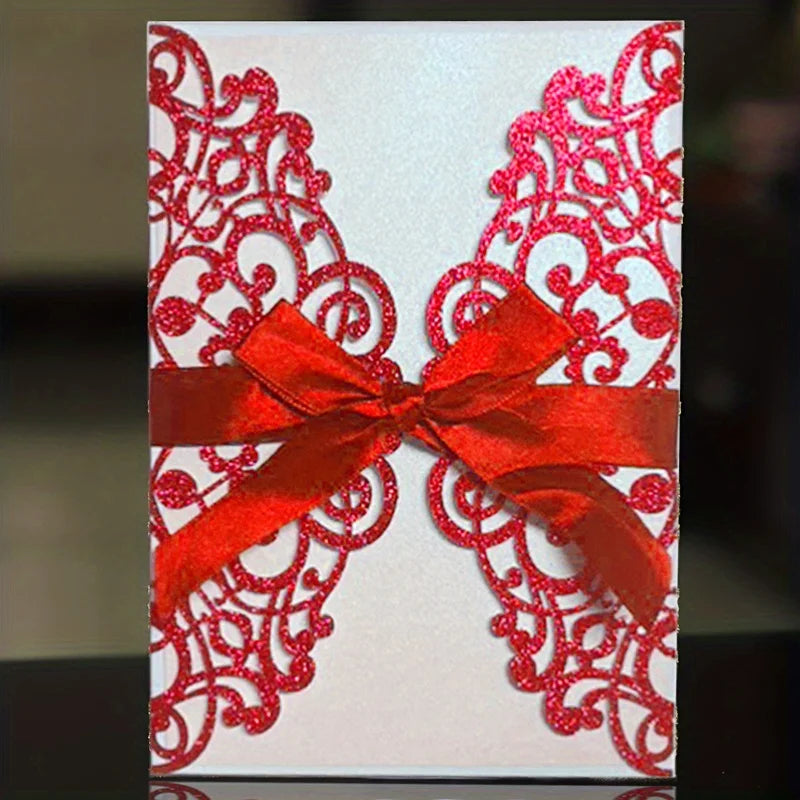 Convites de Casamento com Glitter e Fita – Pack de 10 | Elegância que Brilha