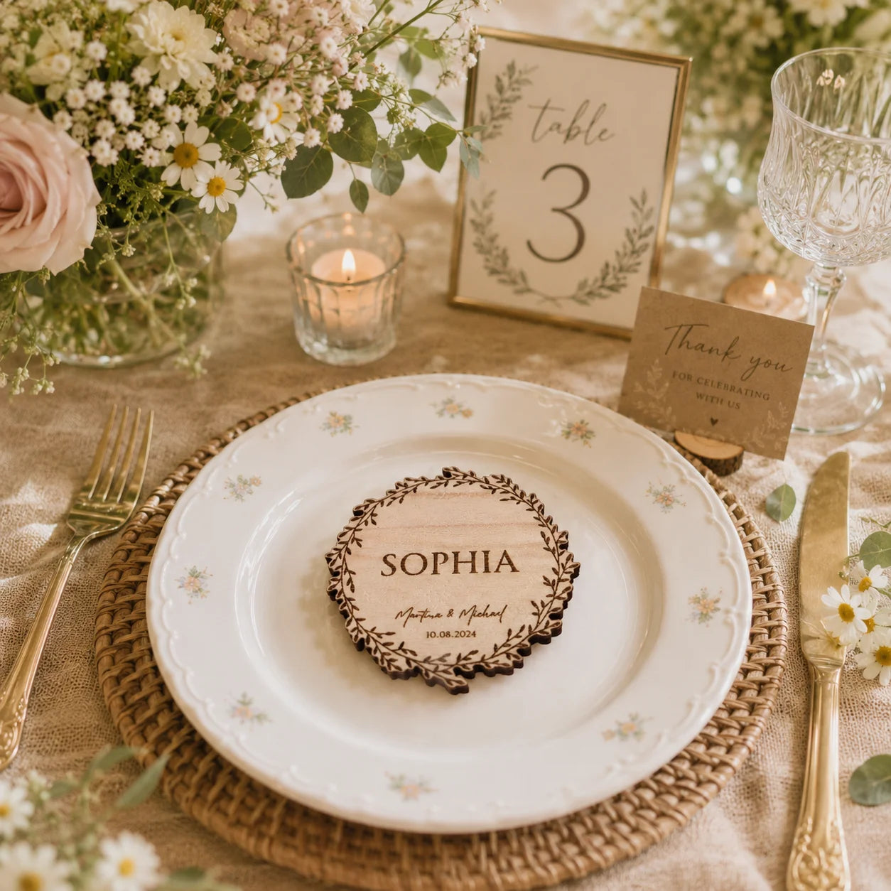 Marcadores de Lugar Personalizados em Madeira para Casamento