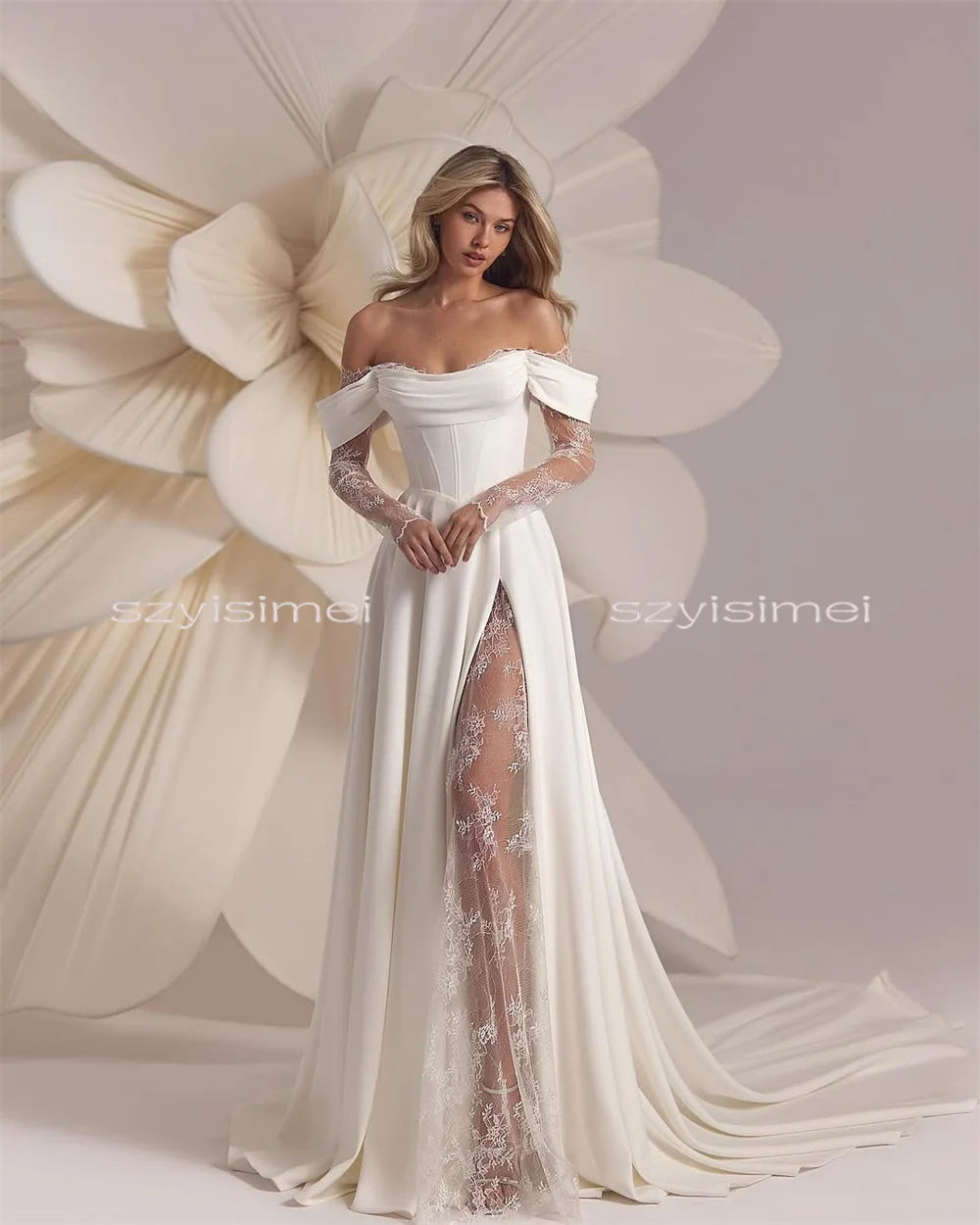 Vestido de Noiva Ombro a Ombro em Renda com Saia A-Line