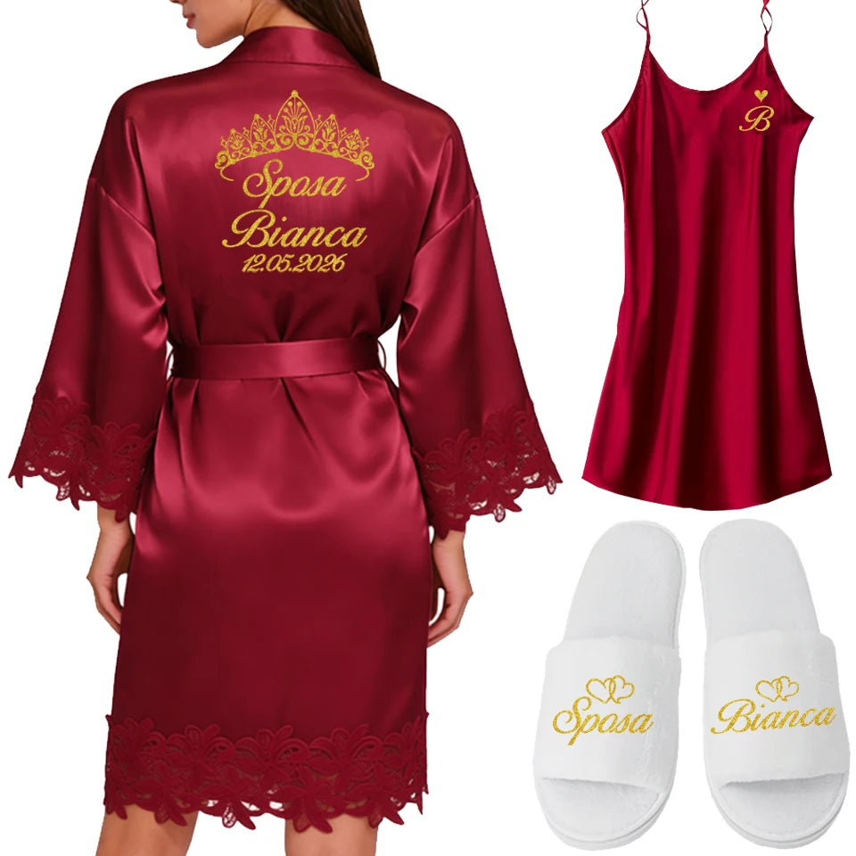Robe Personalizado para Noiva – Com Nome e Data Bordados | Roupão de Cetim com Renda para Casamento