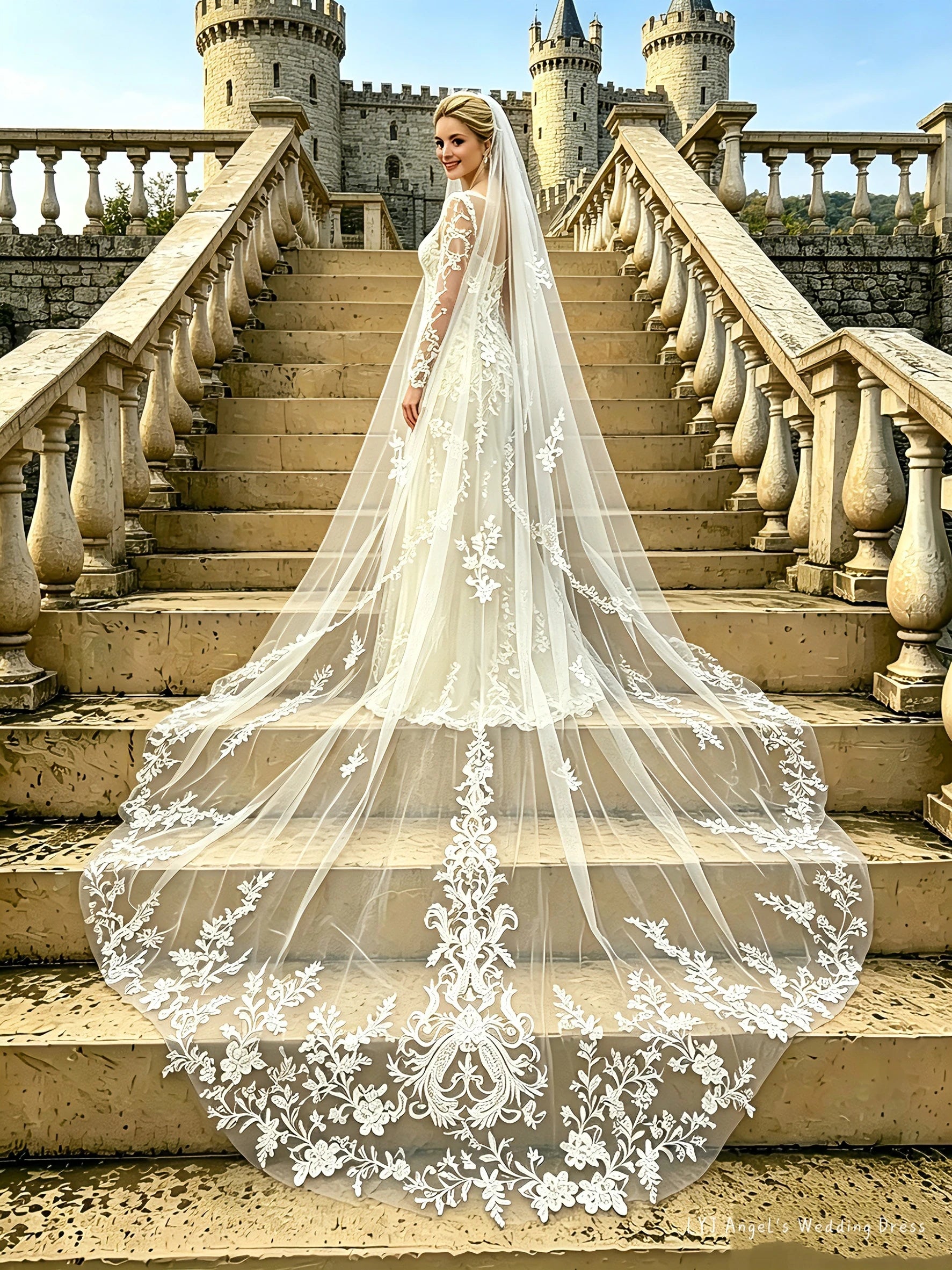 Véu Catedral de Noiva com Renda Bordada – Elegância Majestosa para um Casamento de Sonho