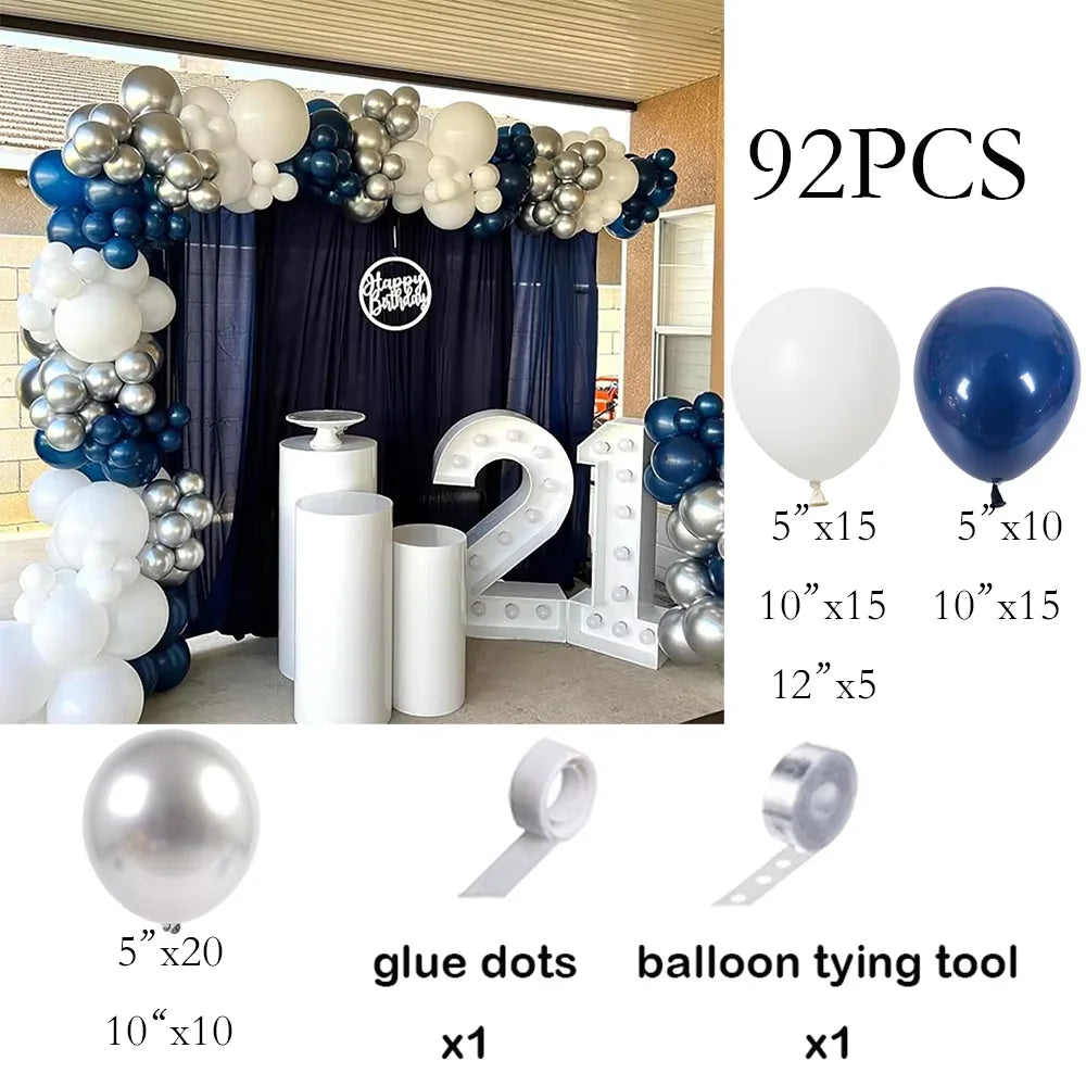 Kit Arco de Balões Azul Marinho, Branco e Prateado – 110 Peças