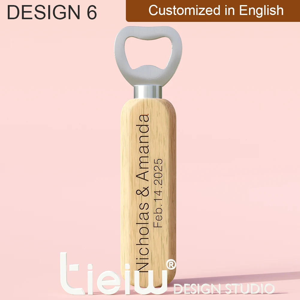 Abridores de Garrafa em Madeira Personalizados – Lembrança de Casamento (12 Peças)