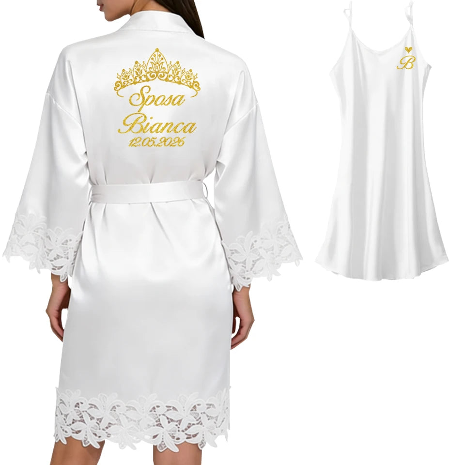 Robe Personalizado para Noiva – Com Nome e Data Bordados | Roupão de Cetim com Renda para Casamento