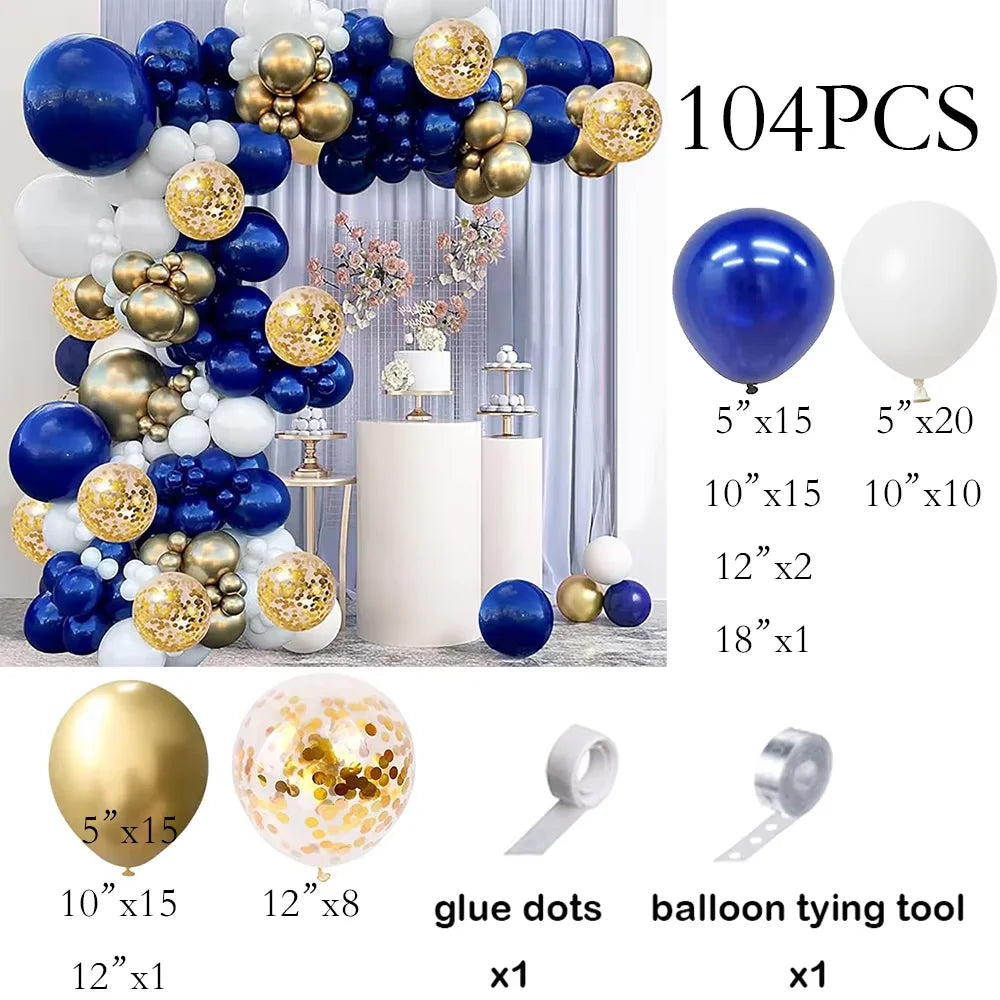 Kit Arco de Balões Azul Marinho, Branco e Prateado – 110 Peças