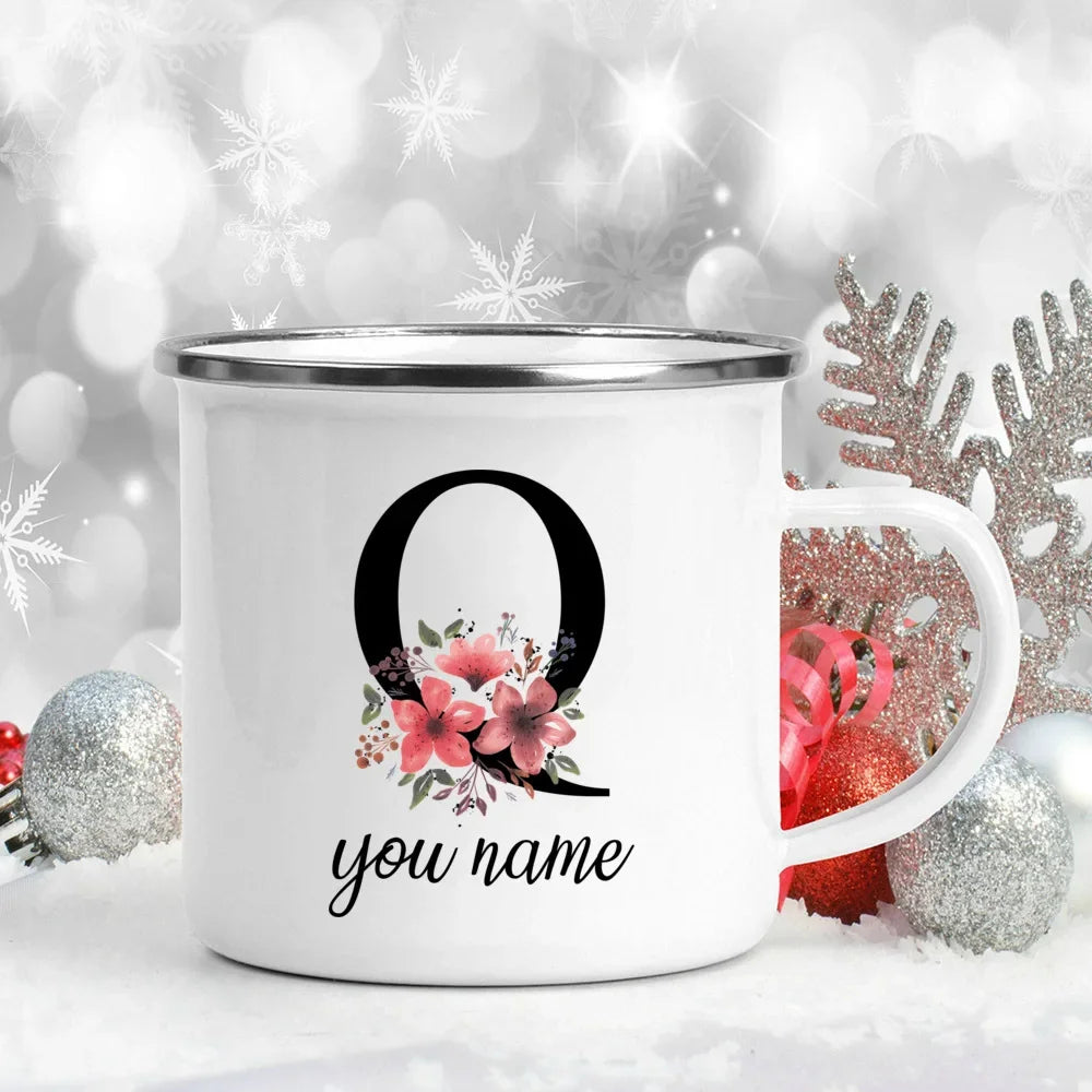 Caneca Esmaltada Personalizada com Nome e Flor