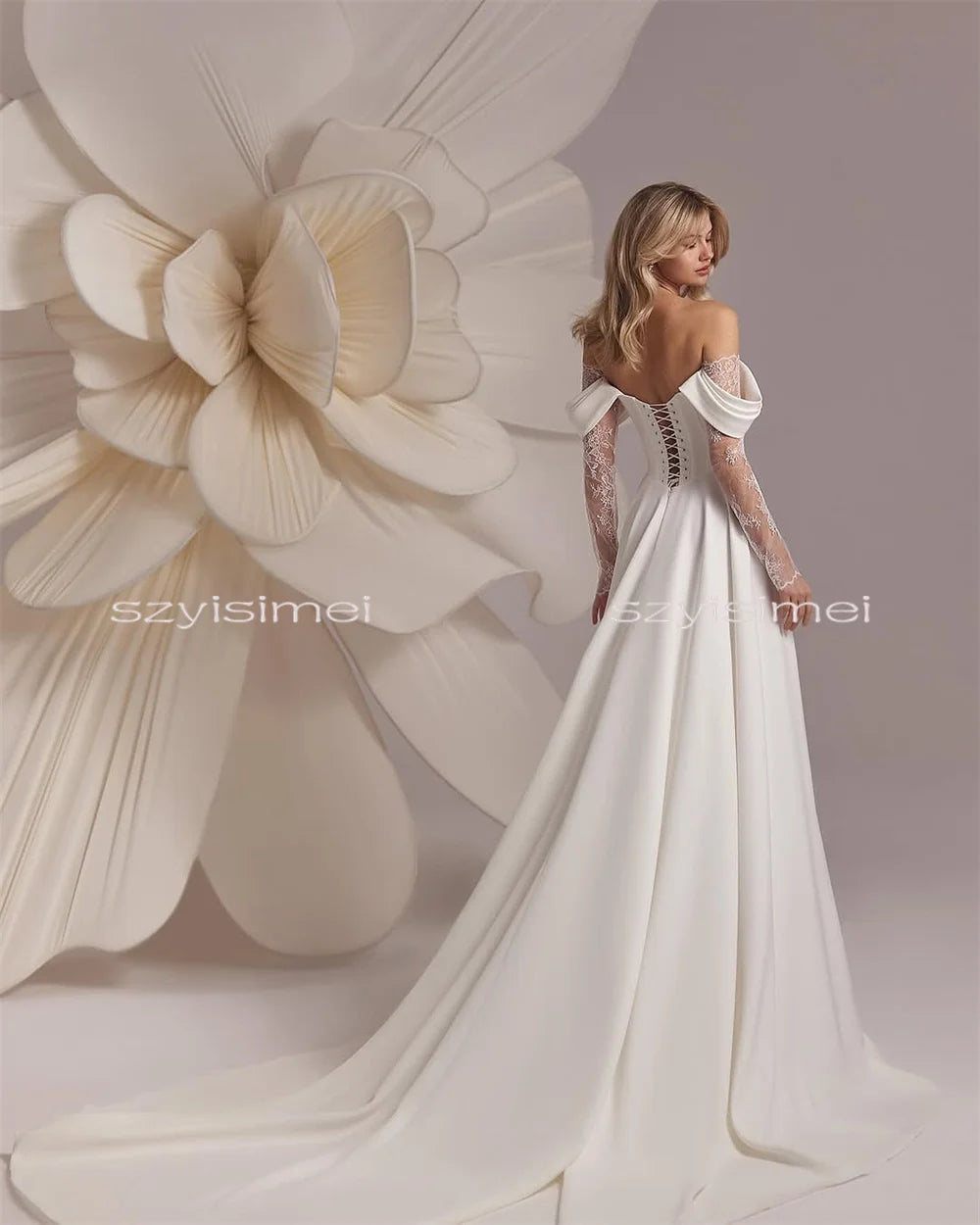 Vestido de Noiva Ombro a Ombro em Renda com Saia A-Line