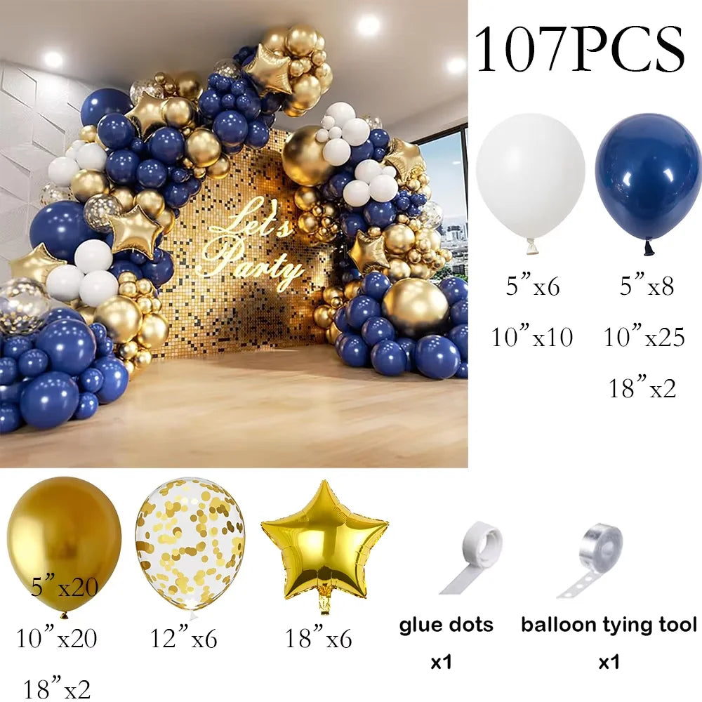 Kit Arco de Balões Azul Marinho, Branco e Prateado – 110 Peças