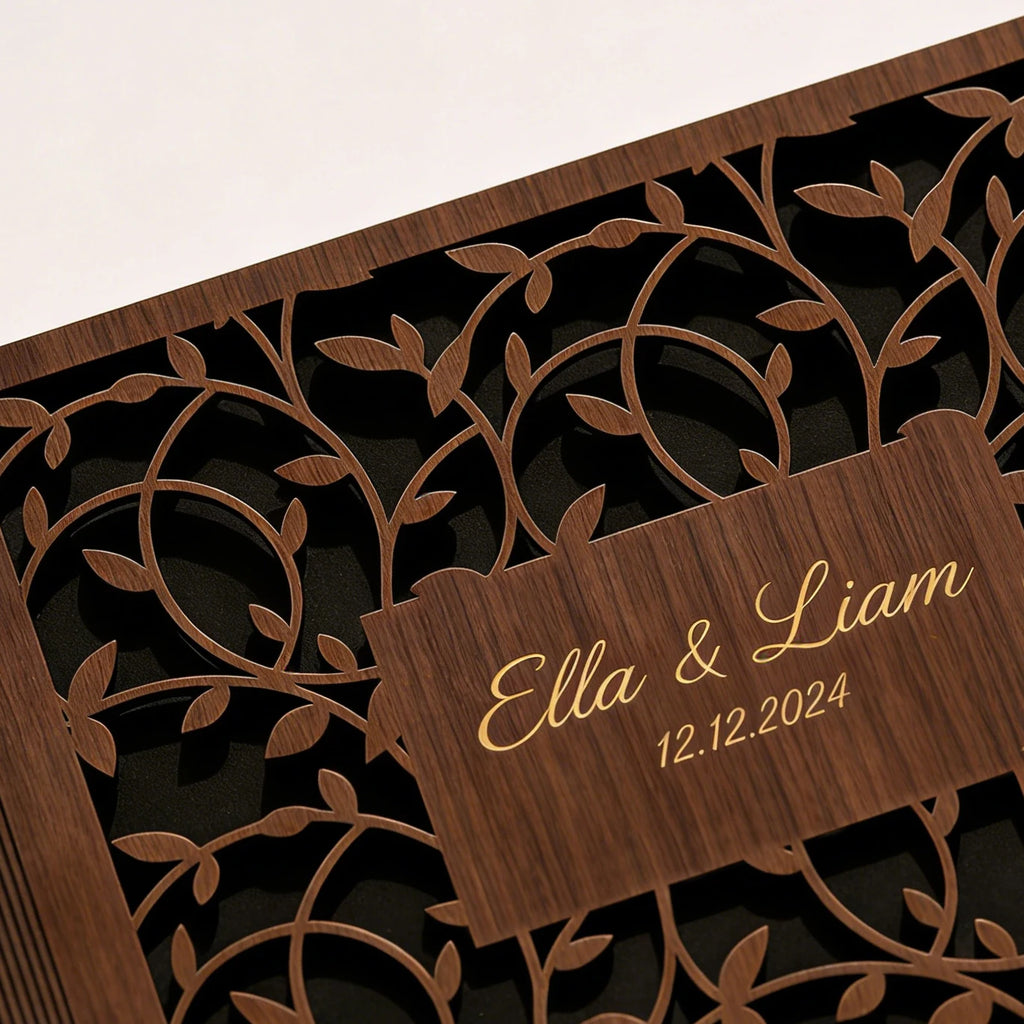 Livro de Honra em Madeira Personalizado com Páginas Pretas | Álbum Premium para Fotografias e Assinaturas