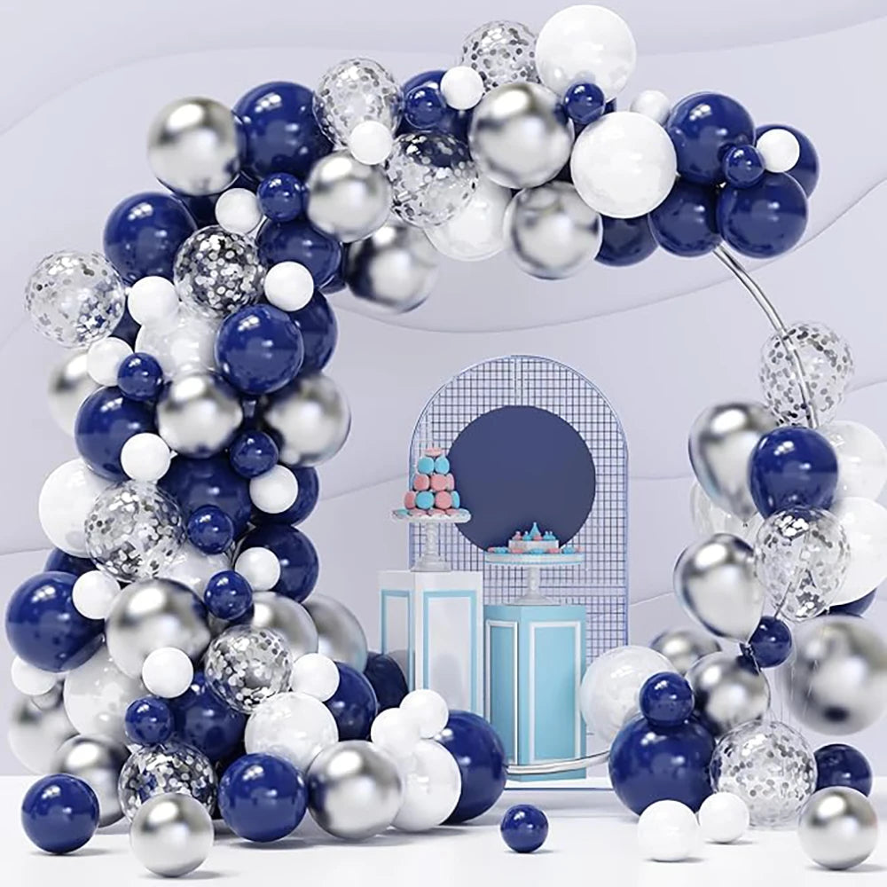 Kit Arco de Balões Azul Marinho, Branco e Prateado – 110 Peças